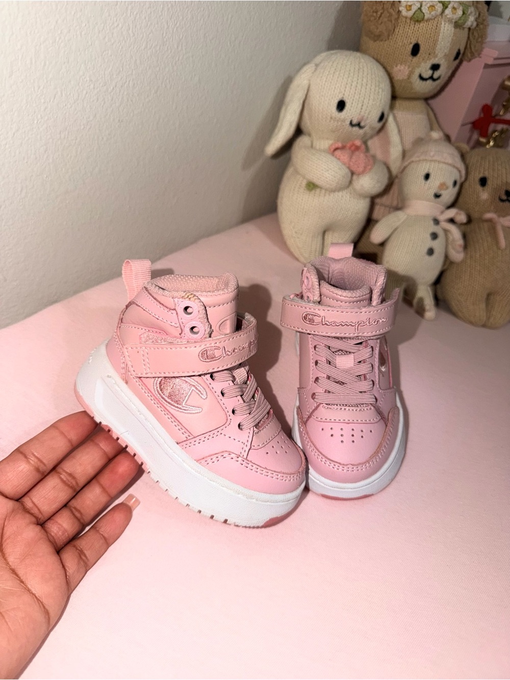 Champion Pink High-Top Kids Sneakers with Hook-and-Loop Strap